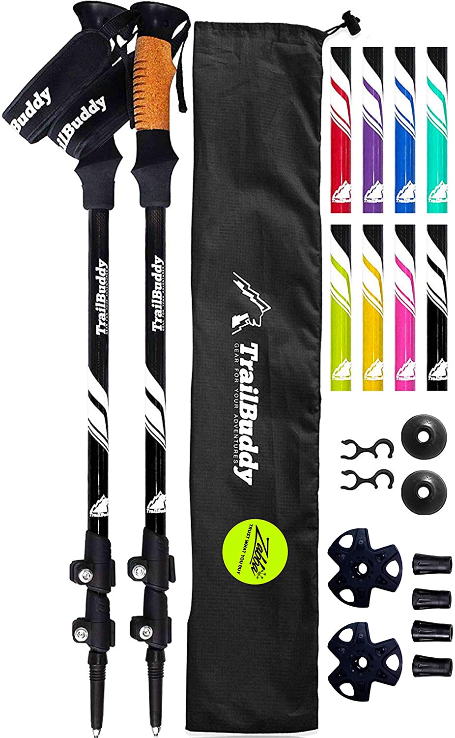 TrailBuddy Trekking Poles - 2-pc Pack Adjustable Hiking or Walking Sticks - Strong, Lightweight Aluminum 7075 - Quick Adjust Flip-Lock - Cork Grip, Padded Strap
